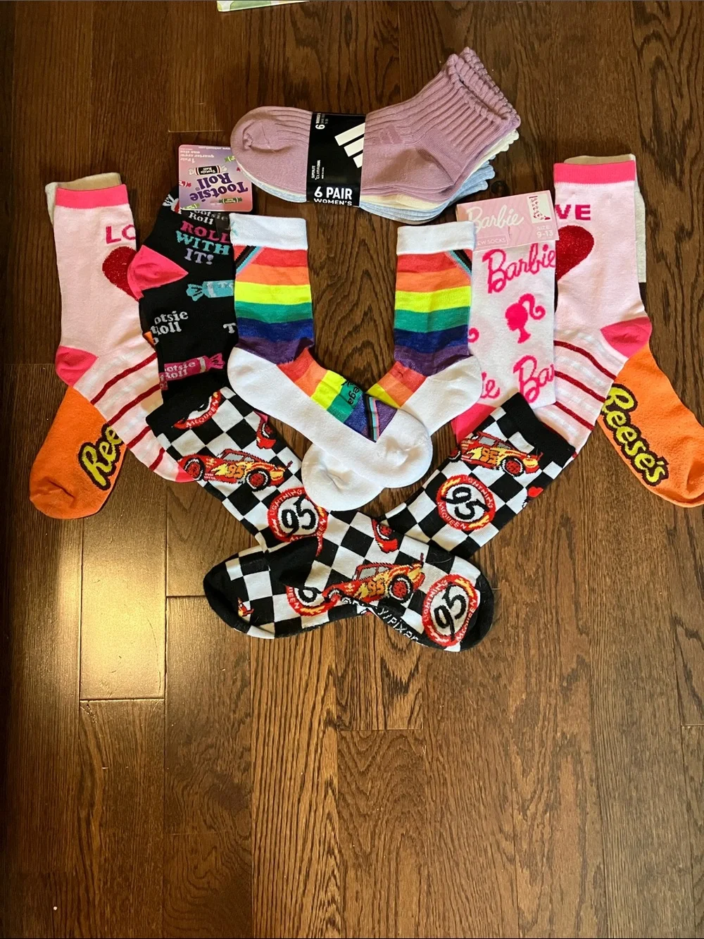 Mixed women/kids Character Socks Bundle( Barbie/balega/adidas/race-car/love)